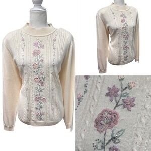 Vtg Style Grandmacore  Sweater Off White Floral Embroidery Mock Neck Women Sz XL